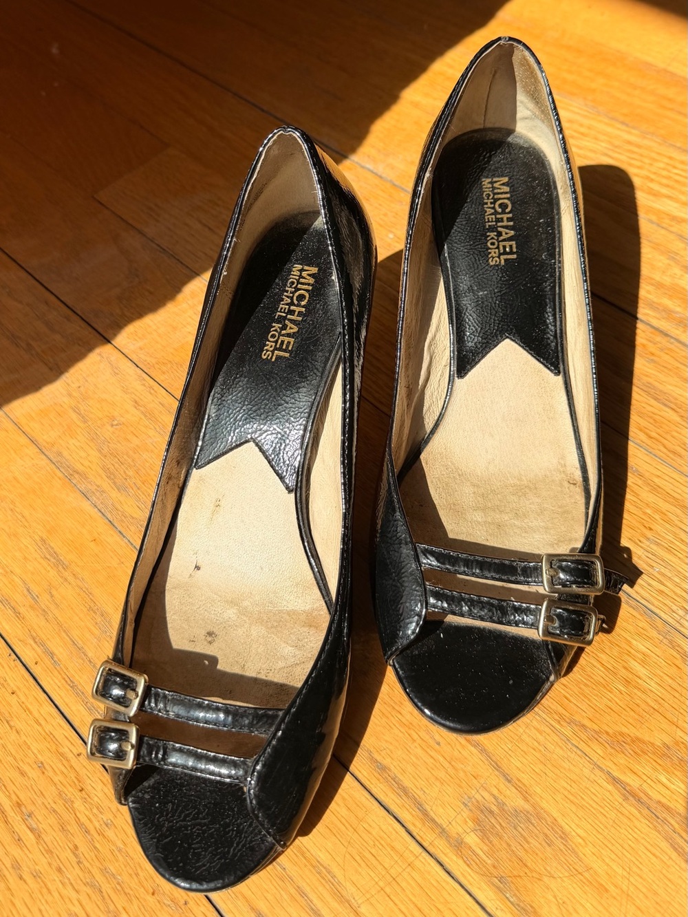 Michael Kors Black Leather Peep-Toe Flats with Double Buckles